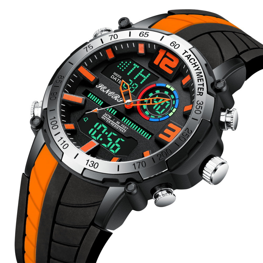 Color: Orange - Sports multifunctional dual display men's watch