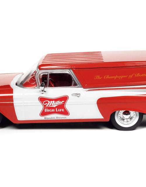 Load image into Gallery viewer, 1959 Chevrolet Sedan Delivery Car Red and White &quot;Miller High Life: The Champagne of Beers&quot; 1/24 Diecast Model Car by Auto World
