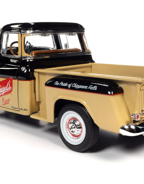 Load image into Gallery viewer, 1957 Chevrolet 3100 Stepside Pickup Truck Black and Tan with Graphics &quot;Leinenkugle&#39;s Beer The Pride of Chippewa Falls&quot; 1/18 Diecast Model by Auto World
