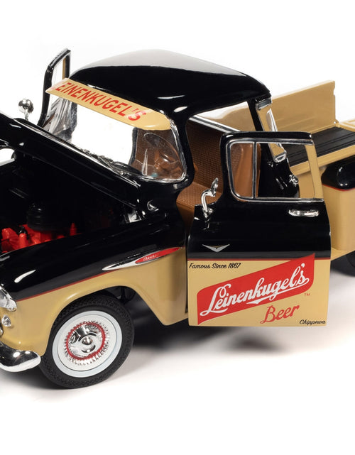 Load image into Gallery viewer, 1957 Chevrolet 3100 Stepside Pickup Truck Black and Tan with Graphics &quot;Leinenkugle&#39;s Beer The Pride of Chippewa Falls&quot; 1/18 Diecast Model by Auto World
