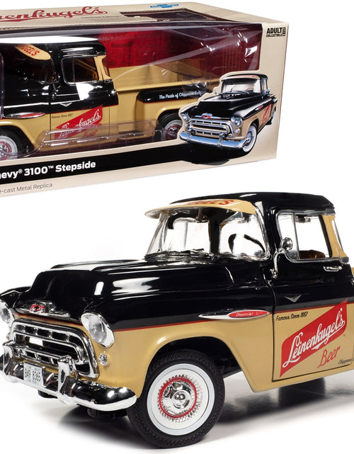 Load image into Gallery viewer, 1957 Chevrolet 3100 Stepside Pickup Truck Black and Tan with Graphics &quot;Leinenkugle&#39;s Beer The Pride of Chippewa Falls&quot; 1/18 Diecast Model by Auto World
