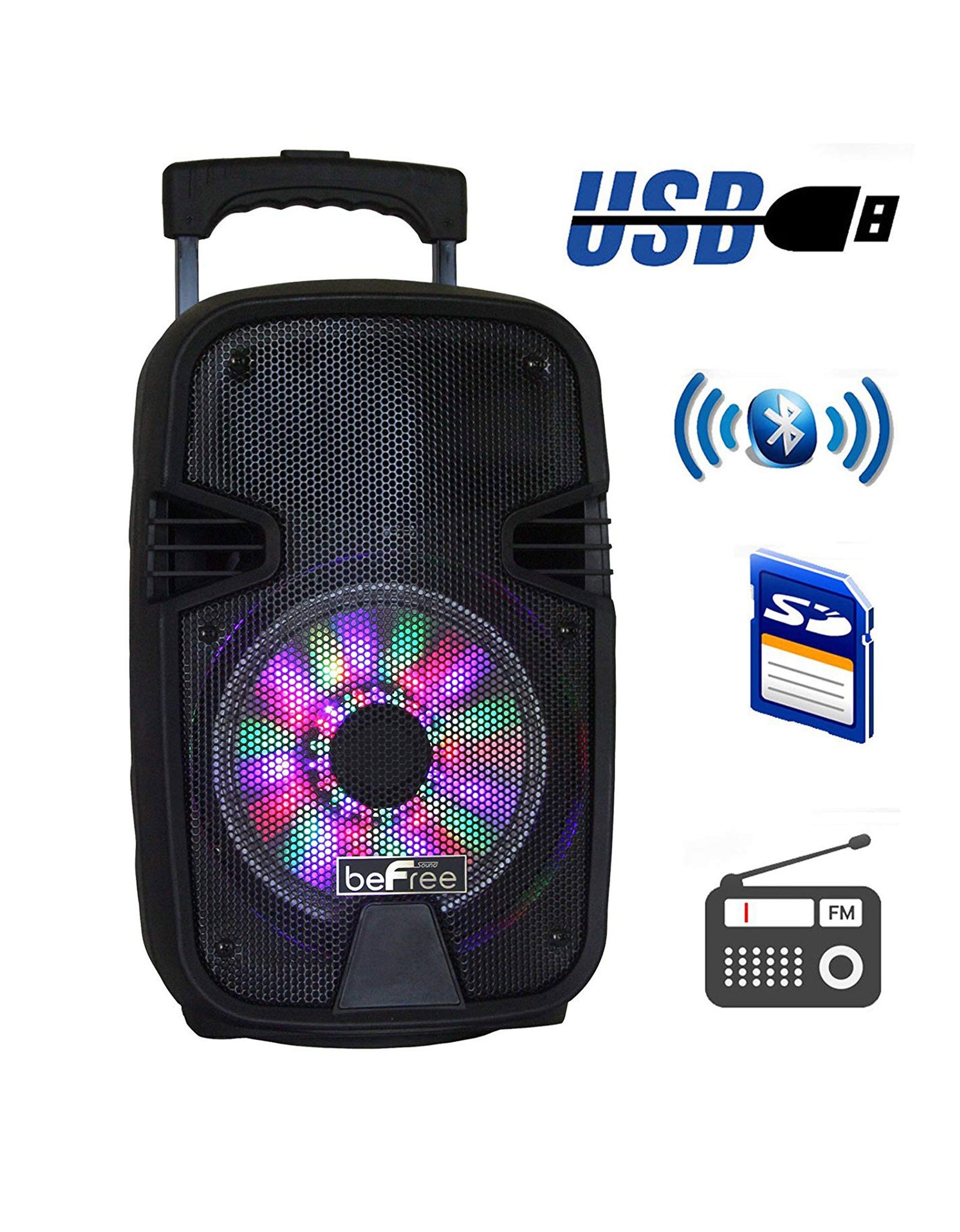 beFree Sound 8 Inch Bluetooth Portable Party Speaker with USB, SD and Reactive Lights