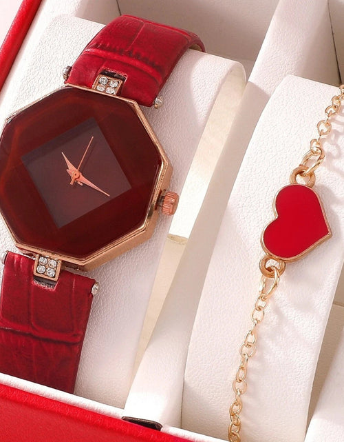 Load image into Gallery viewer, 1pc Rhinestone Decor Zinc Alloy Polygon Dial Quartz Watch &amp; 1pc Love Heart Bracelet Black Red Whtie

