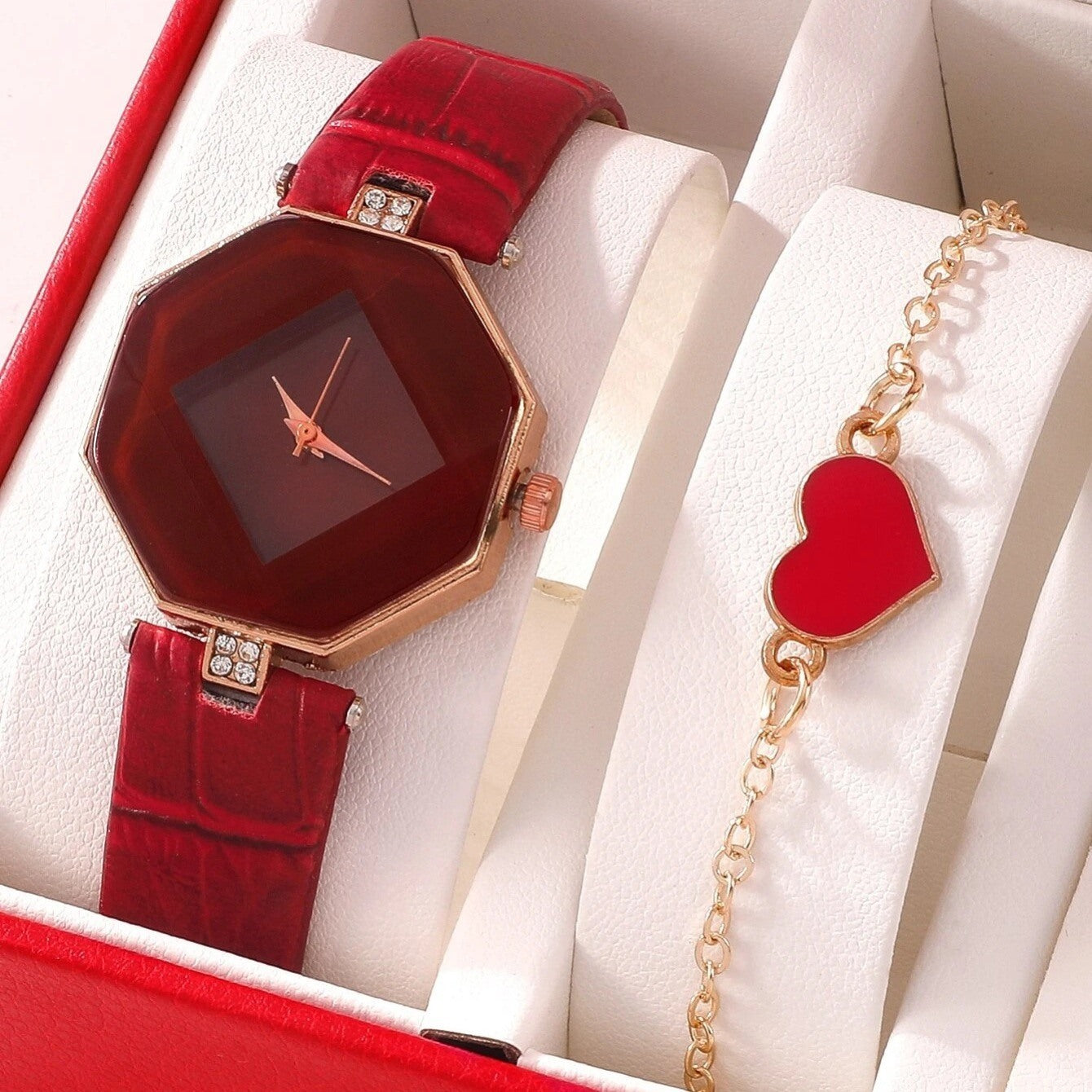 1pc Rhinestone Decor Zinc Alloy Polygon Dial Quartz Watch & 1pc Love Heart Bracelet Black Red Whtie