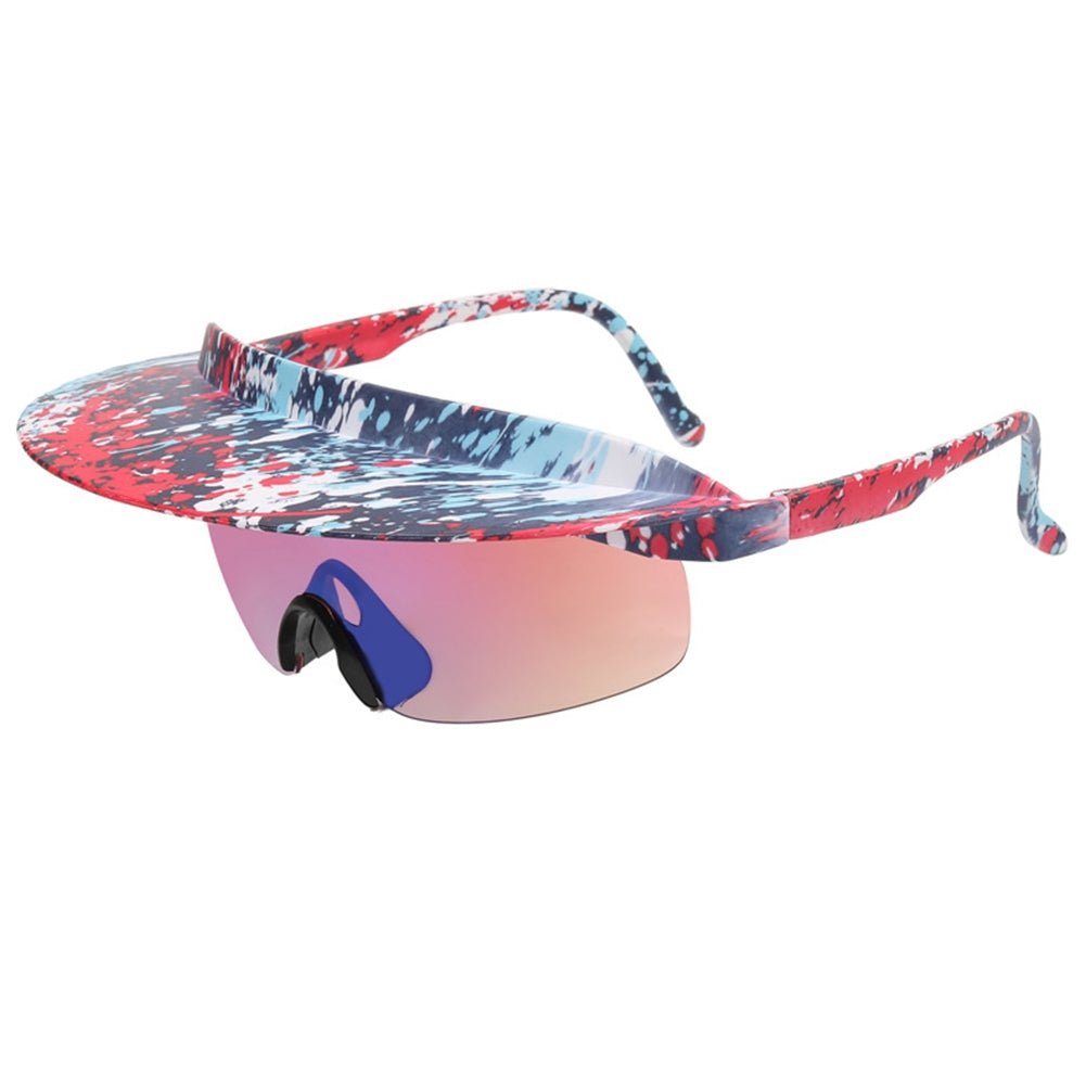 1 Pair Men Women Fashion Cycling Glasses High-definition Lenses Colorful Hat Brim Outdoor Sport Sunglasses Eyewear D red printing blue lens