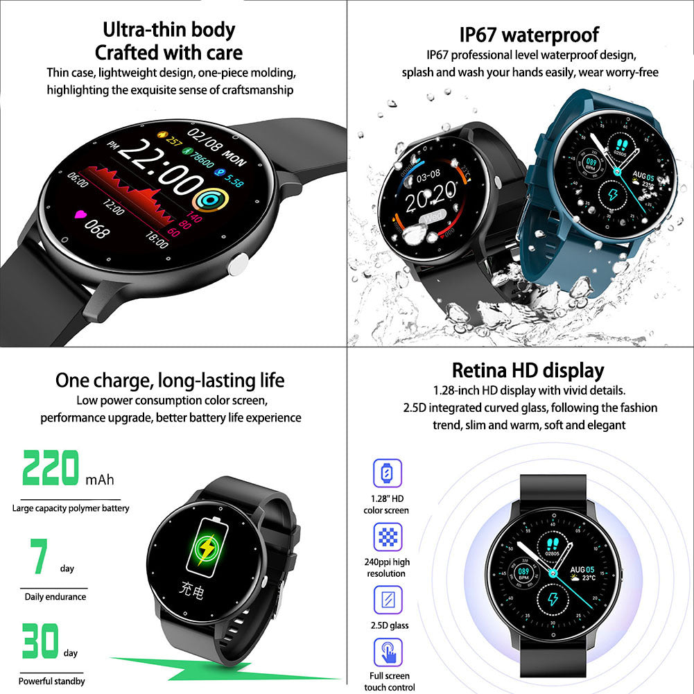 1.28 Inch Zl02 Smart Watch Heart Rate Blood Pressure Monitor Sport Running Watch Compatible for Android iOS Black