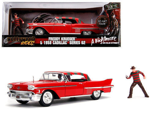 Load image into Gallery viewer, 1958 Cadillac Series 62 Red with Freddy Krueger Diecast Figurine &quot;A Nightmare on Elm Street&quot; Movie 1/24 Diecast Model Car by Jada
