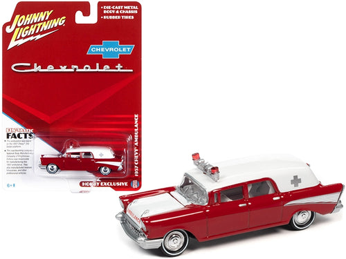 Load image into Gallery viewer, 1957 Chevrolet Ambulance Kosmos Red and White with White Interior 1/64 Diecast Model Car by Johnny Lightning
