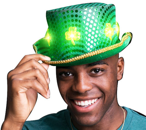 Load image into Gallery viewer, LED Green Clover Ultimate Sequin Plush Irish Top Hat with Shamrocks for St. Patrick?s Day
