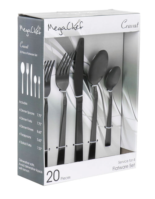 Load image into Gallery viewer, MegaChef Cravat 20 Piece Flatware Utensil Set, Stainless Steel Silverware Metal Service for 4 in Matte Black
