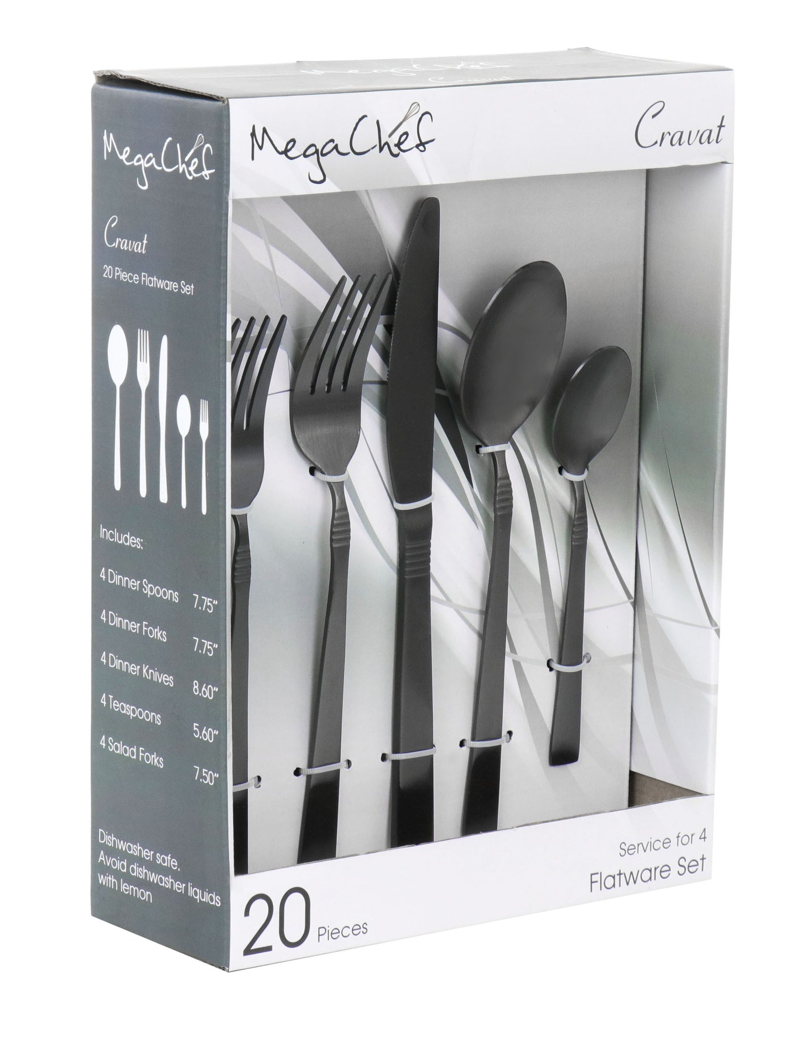 MegaChef Cravat 20 Piece Flatware Utensil Set, Stainless Steel Silverware Metal Service for 4 in Matte Black