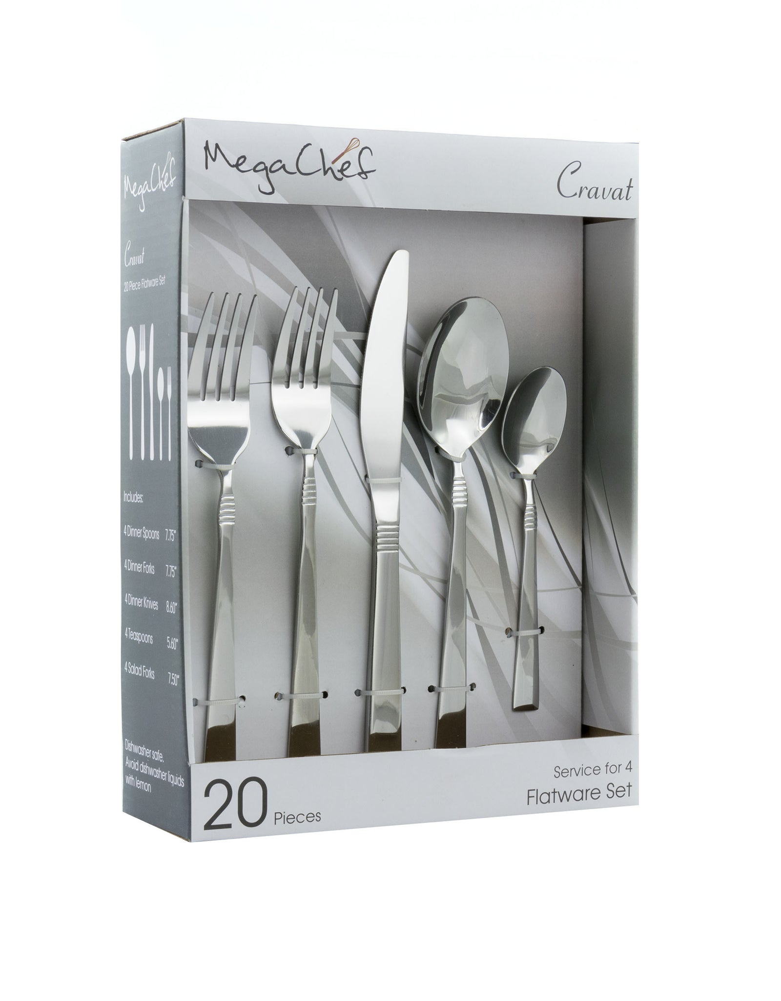 MegaChef Cravat 20 Piece Flatware Utensil Set, Stainless Steel Silverware Metal Service for 4 in Silver