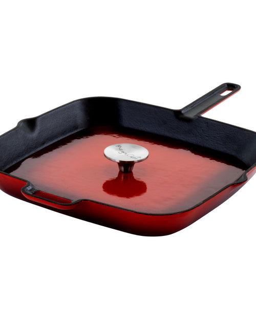 Load image into Gallery viewer, MegaChef 11 Inch Square Enamel Cast Iron Grill Pan with Matching Grill Press in Red with Press
