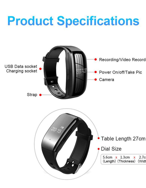 Load image into Gallery viewer, Sports Smart Bracelet Professional Recording Pen HD Noise Reduction Video Recorder Sports Mini Camera Smart Watch black
