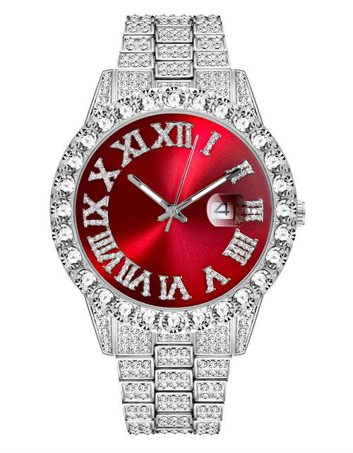 Load image into Gallery viewer, Men Wristwatch With Date Stainless Steel 44mm Diamond-set Dial Luxury Large Dial Water Proof Vintage Quartz Wristwatch red silver belt
