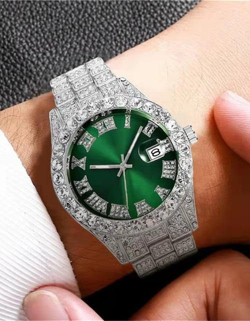 Load image into Gallery viewer, Men Wristwatch With Date Stainless Steel 44mm Diamond-set Dial Luxury Large Dial Water Proof Vintage Quartz Wristwatch red silver belt
