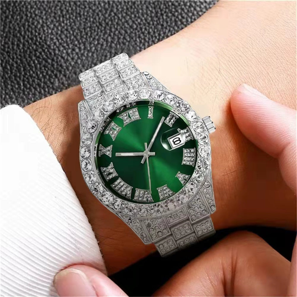 Men Wristwatch With Date Stainless Steel 44mm Diamond-set Dial Luxury Large Dial Water Proof Vintage Quartz Wristwatch red silver belt