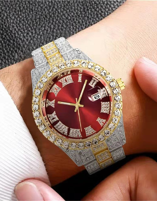 Load image into Gallery viewer, Men Wristwatch With Date Stainless Steel 44mm Diamond-set Dial Luxury Large Dial Water Proof Vintage Quartz Wristwatch red silver belt
