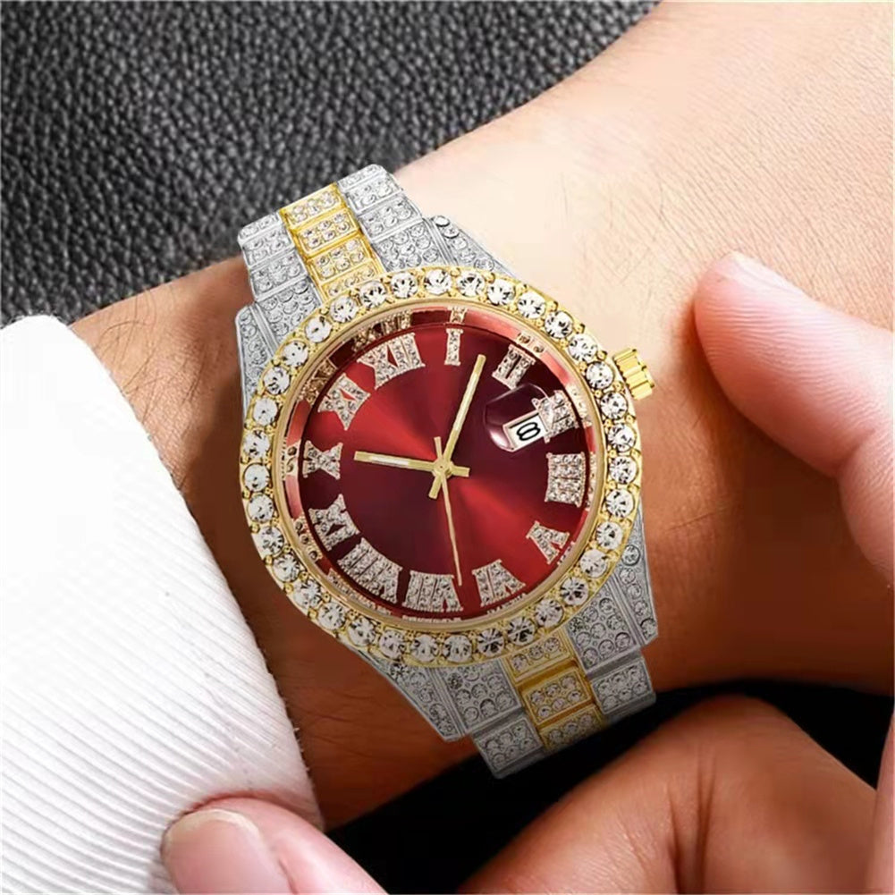 Men Wristwatch With Date Stainless Steel 44mm Diamond-set Dial Luxury Large Dial Water Proof Vintage Quartz Wristwatch red silver belt