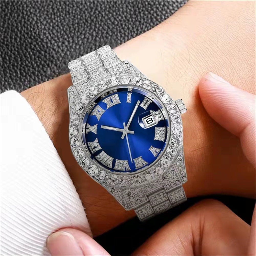 Men Wristwatch With Date Stainless Steel 44mm Diamond-set Dial Luxury Large Dial Water Proof Vintage Quartz Wristwatch red silver belt