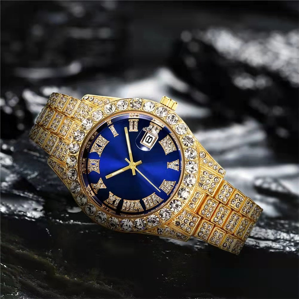 Men Wristwatch With Date Stainless Steel 44mm Diamond-set Dial Luxury Large Dial Water Proof Vintage Quartz Wristwatch red silver belt