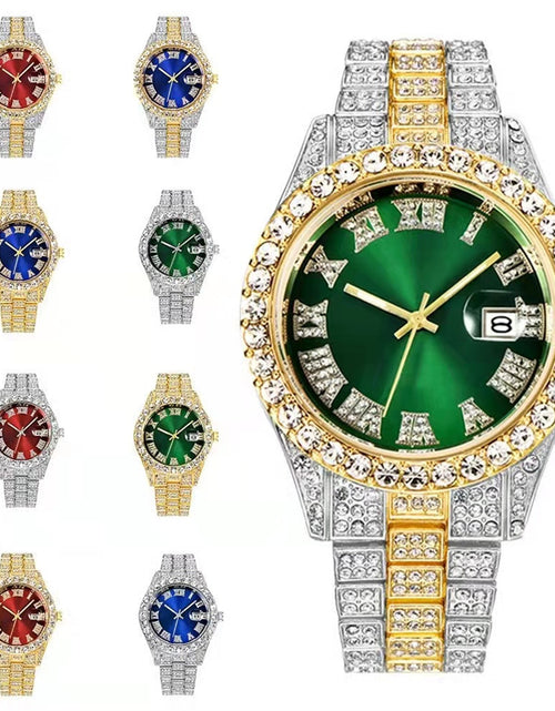 Load image into Gallery viewer, Men Wristwatch With Date Stainless Steel 44mm Diamond-set Dial Luxury Large Dial Water Proof Vintage Quartz Wristwatch red silver belt
