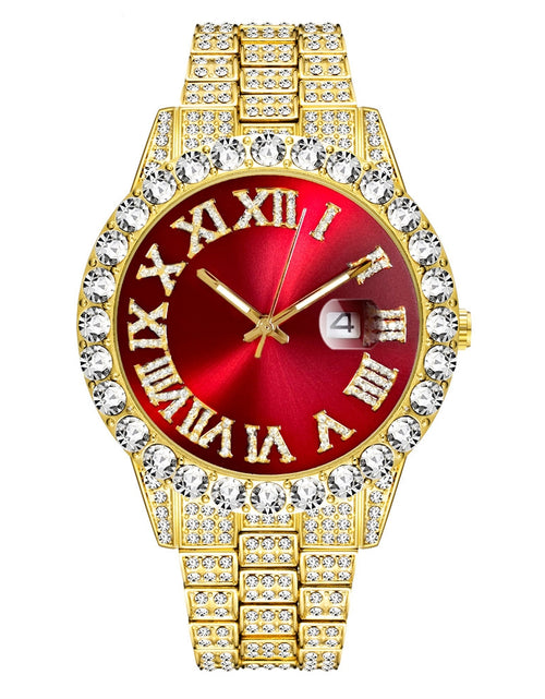 Load image into Gallery viewer, Men Wristwatch With Date Stainless Steel 44mm Diamond-set Dial Luxury Large Dial Water Proof Vintage Quartz Wristwatch red silver belt
