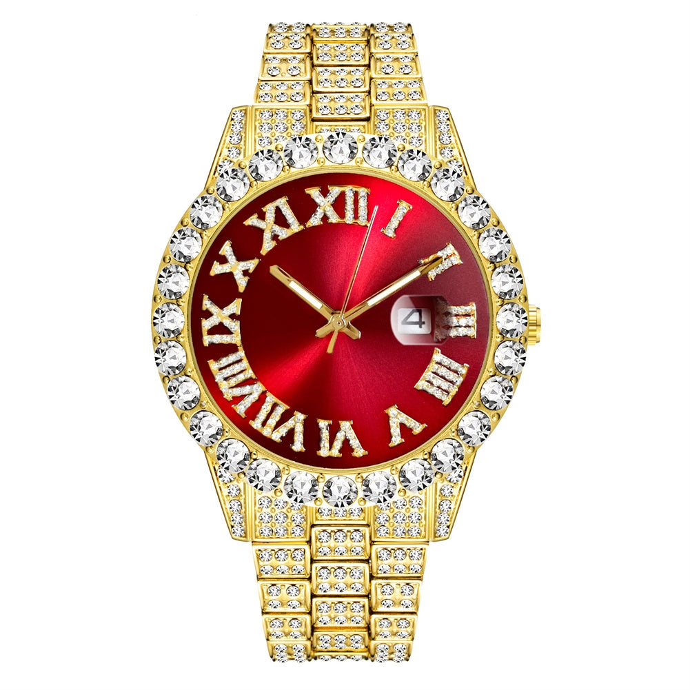 Men Wristwatch With Date Stainless Steel 44mm Diamond-set Dial Luxury Large Dial Water Proof Vintage Quartz Wristwatch red silver belt