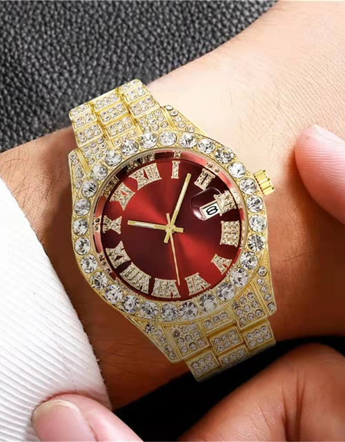 Load image into Gallery viewer, Men Wristwatch With Date Stainless Steel 44mm Diamond-set Dial Luxury Large Dial Water Proof Vintage Quartz Wristwatch red silver belt

