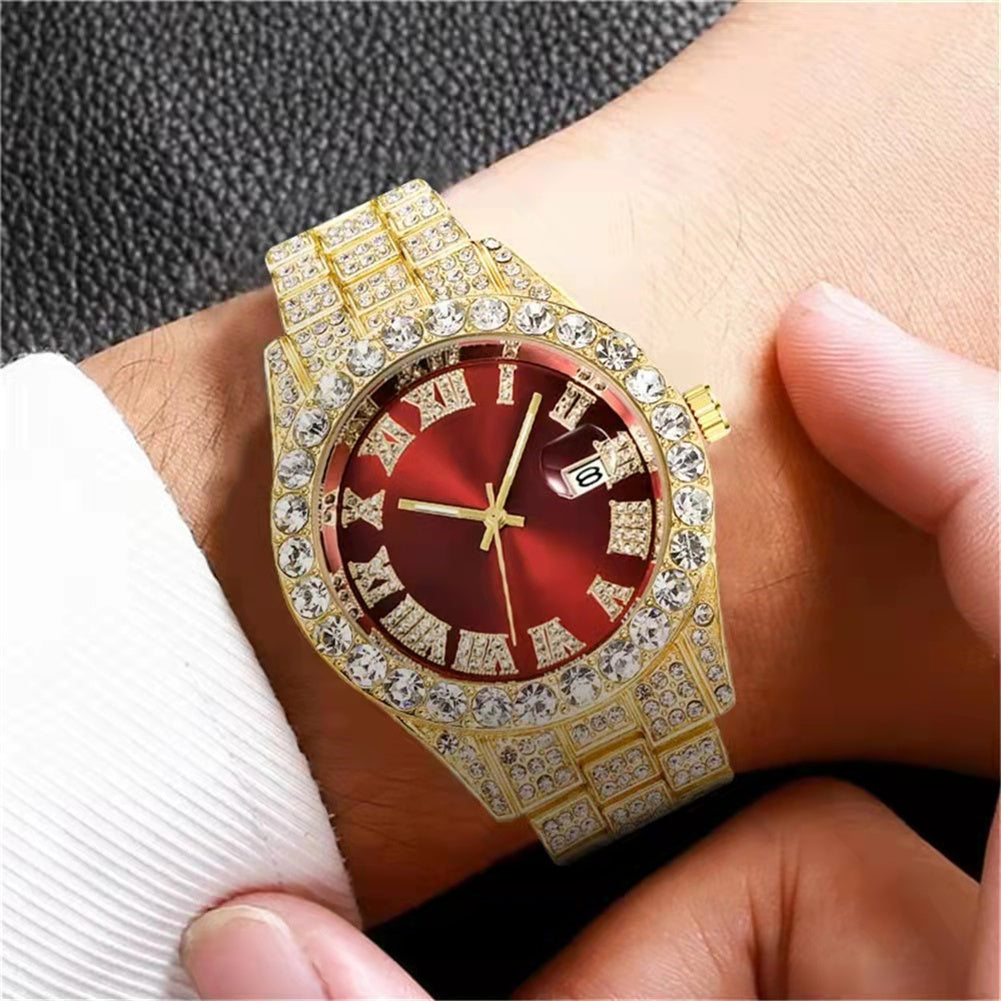 Men Wristwatch With Date Stainless Steel 44mm Diamond-set Dial Luxury Large Dial Water Proof Vintage Quartz Wristwatch red silver belt