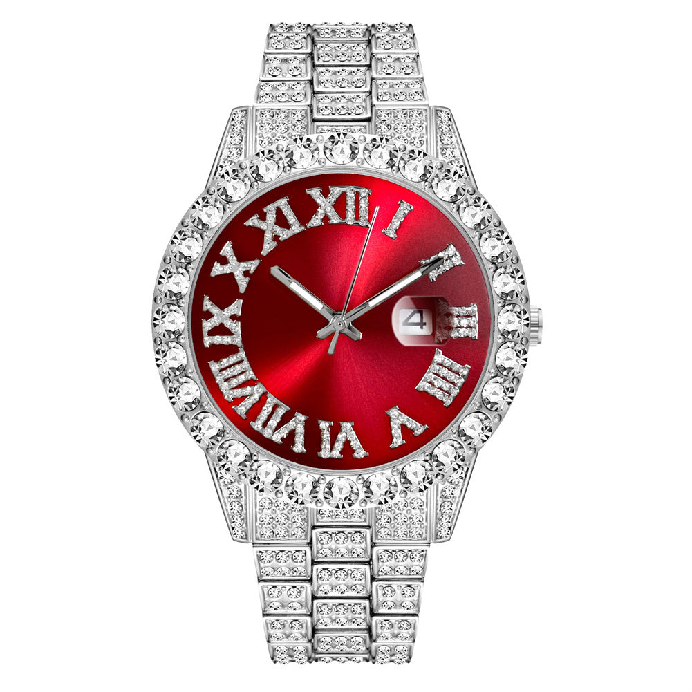 Men Wristwatch With Date Stainless Steel 44mm Diamond-set Dial Luxury Large Dial Water Proof Vintage Quartz Wristwatch red silver belt