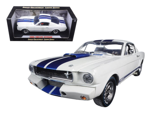 Load image into Gallery viewer, 1965 Ford Mustang Shelby GT350R White with Blue Stripes and Printed Carroll Shelby&#39;s Signature on the Roof 1/18 Diecast Model Car by Shelby Collectibles
