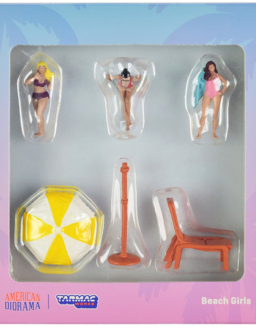 Load image into Gallery viewer, &quot;Beach Girls&quot; 5 piece Diecast Figure Set (3 Female Figures and 2 Beach Accessories) for 1/64 Scale Models by Tarmac Works &amp; American Diorama
